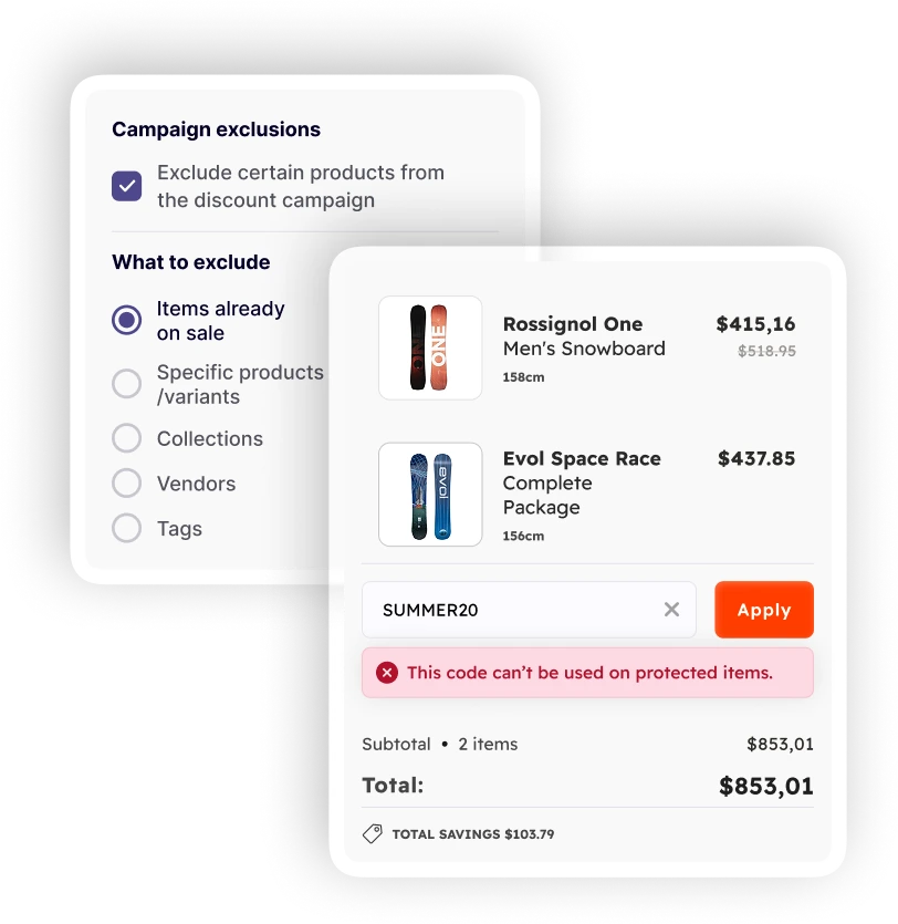 Campaign exclusion settings beside a cart where a discount code is refused on protected items