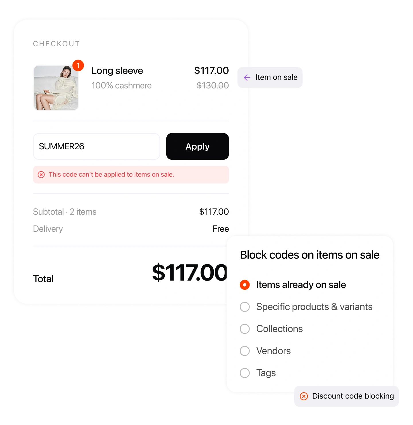 A checkout refusing a discount code on a sale item, beside the Alpha Sale rule that blocks codes on items already on sale