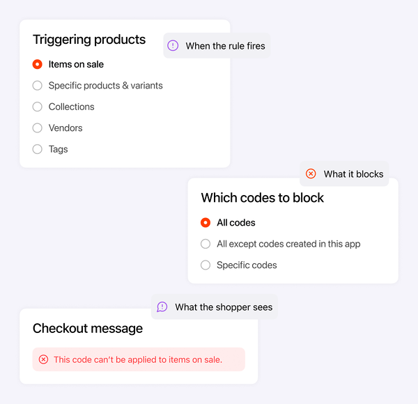 Alpha Sale blocking rule in three parts: which products trigger it, which codes it blocks, and the message the shopper sees at checkout