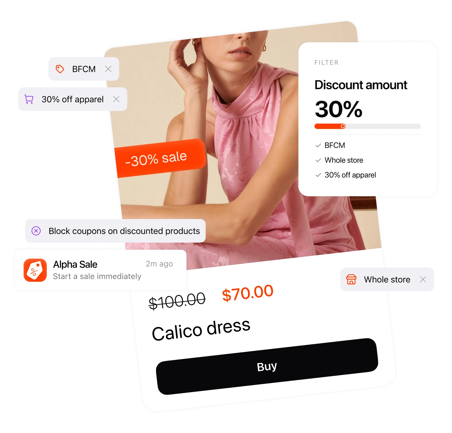 A storefront product card at a 30% sale price beside the Alpha Sale panel that set the campaign up
