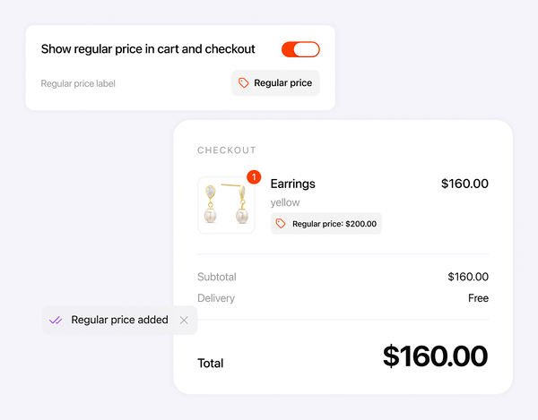 Alpha Sale setting for showing the regular price in cart and checkout, next to a checkout where the item shows its regular price crossed out
