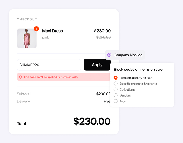 A checkout refusing a discount code on a sale item, beside the Alpha Sale rule that blocks codes on products already on sale