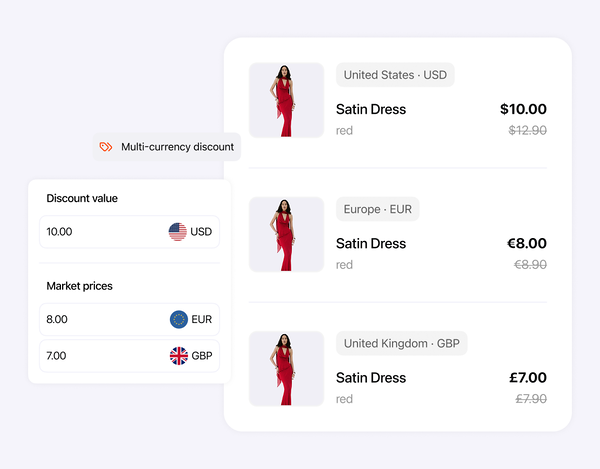 Alpha Sale market price fields for USD, EUR and GBP, beside the same product priced differently in each market