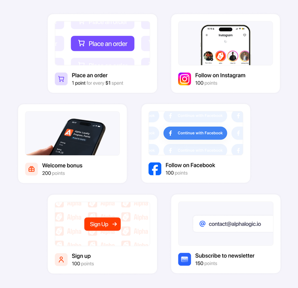 Cards for ways to earn points: placing an order, a welcome bonus, signing up, following on Instagram and Facebook, subscribing to the newsletter