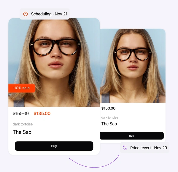 A product card at a 10% sale price on the day the campaign starts, and the same card back at full price after the scheduled revert