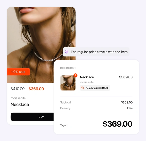 A product page with the price crossed out, and the checkout where the item still shows its regular price