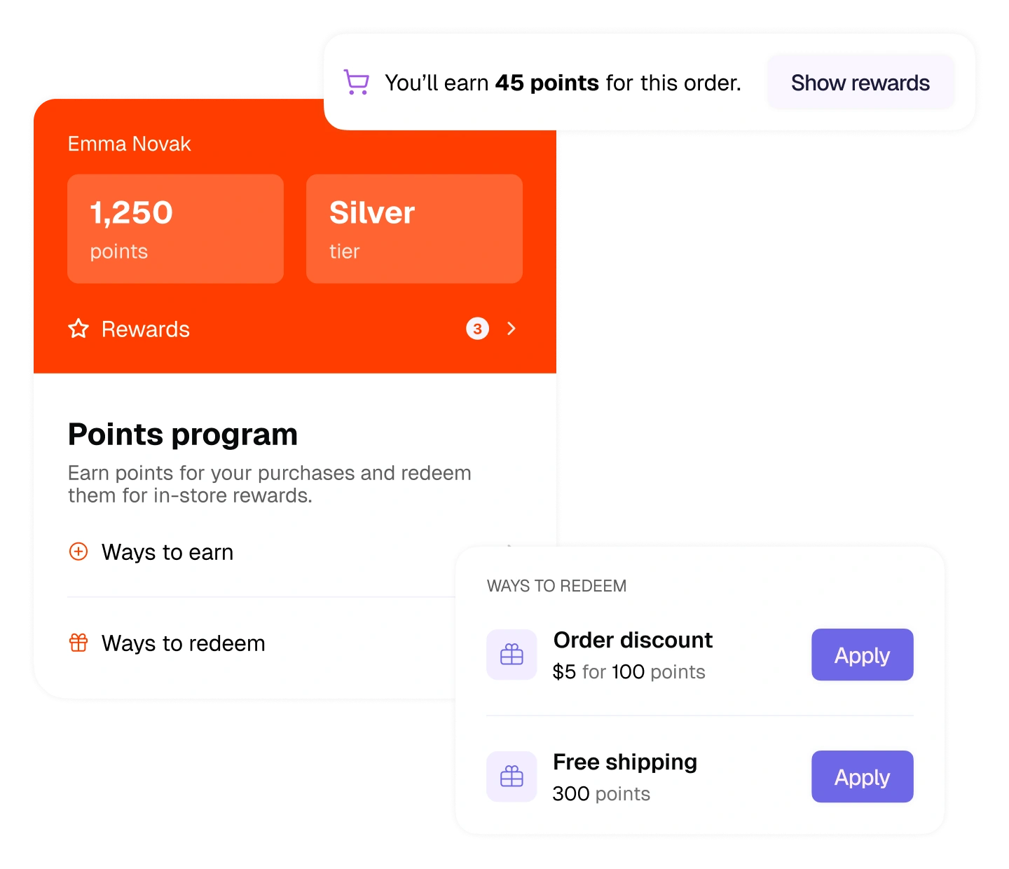 The loyalty widget with a 1,250 point balance, a note on the points an order will earn, and ways to redeem points