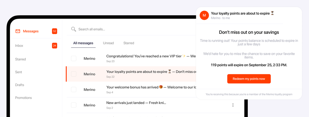 An inbox of loyalty emails with an open reminder that 119 points are about to expire