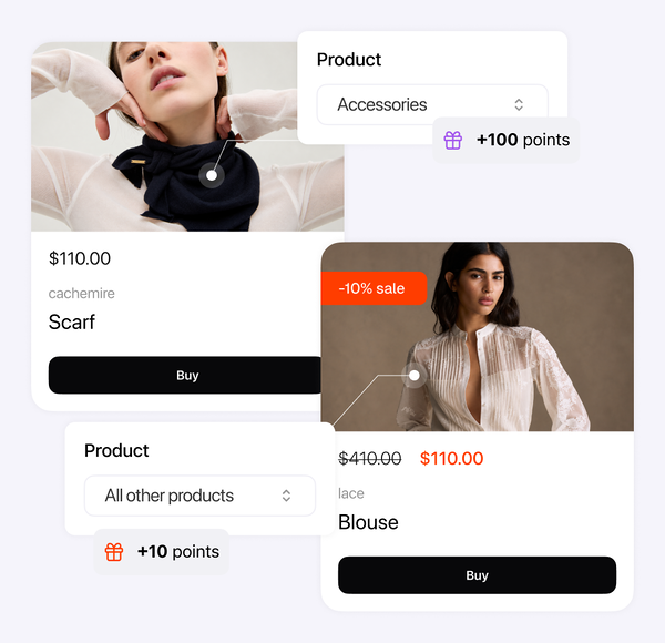 Two products with different earning rules: accessories earn 100 points, all other products earn 10 points