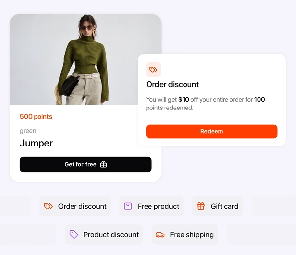 A free jumper reward for 500 points and an order discount reward, with the five reward types listed below