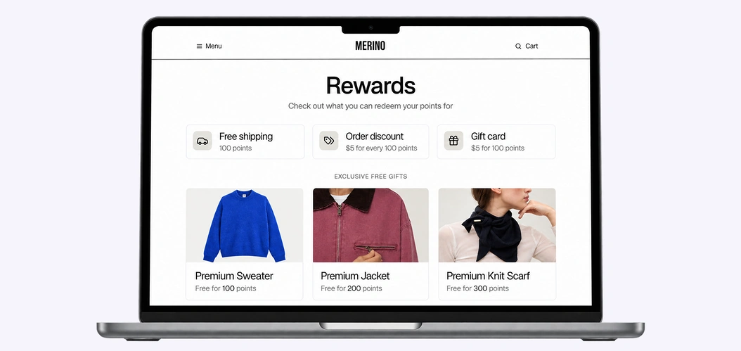 A store rewards page listing free shipping, an order discount, a gift card and three free gifts with their point prices