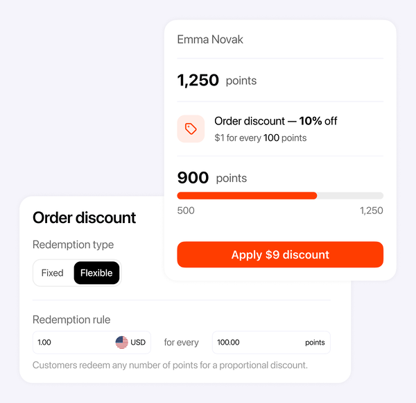 The Flexible redemption setting for an order discount, and the widget slider where a customer picks 900 points for a $9 discount