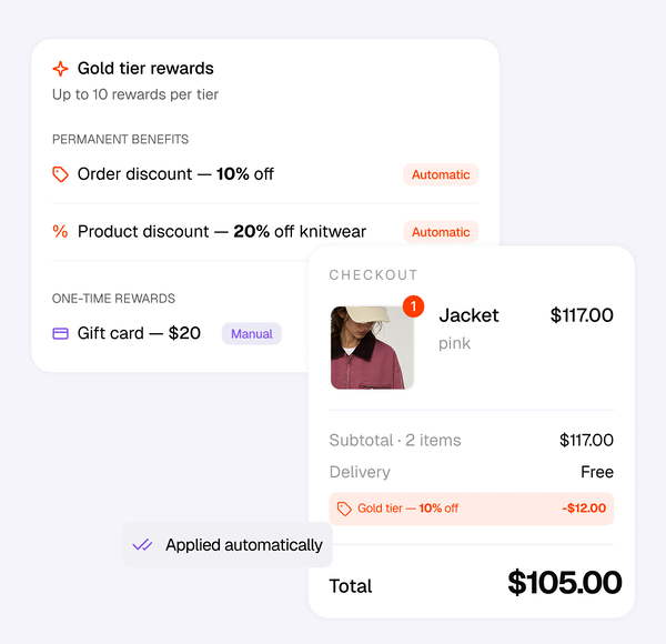 Gold tier rewards marked Automatic or Manual, and a checkout where the 10% Gold tier discount is already applied