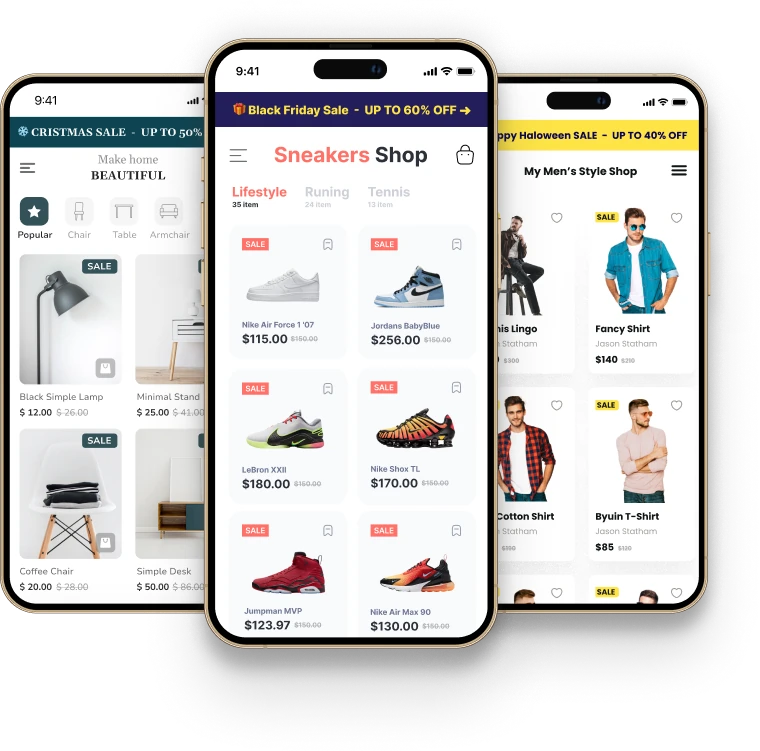 Three storefronts on mobile showing sale badges, crossed-out prices and an announcement bar